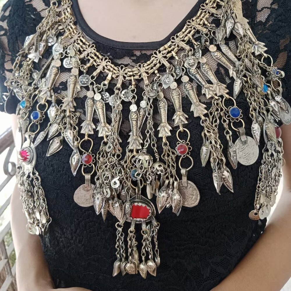 Vintage Afghan Kuchi Bib Necklace: Oxidized Silver Tribal Jewelry